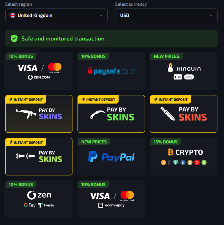 G4Skins deposit screen showing skin deposit options