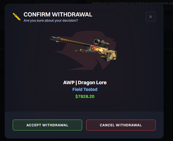 G4Skins withdrawal screen showing available skins to withdraw