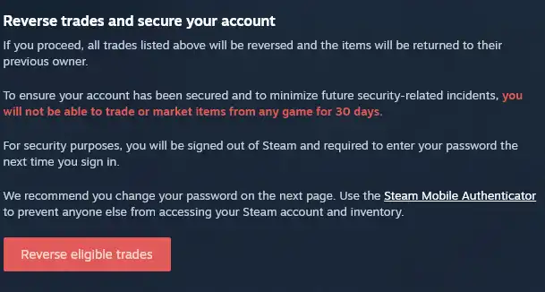 Steam reversal confirmation dialog showing the 30-day ban warning and Reverse eligible trades button